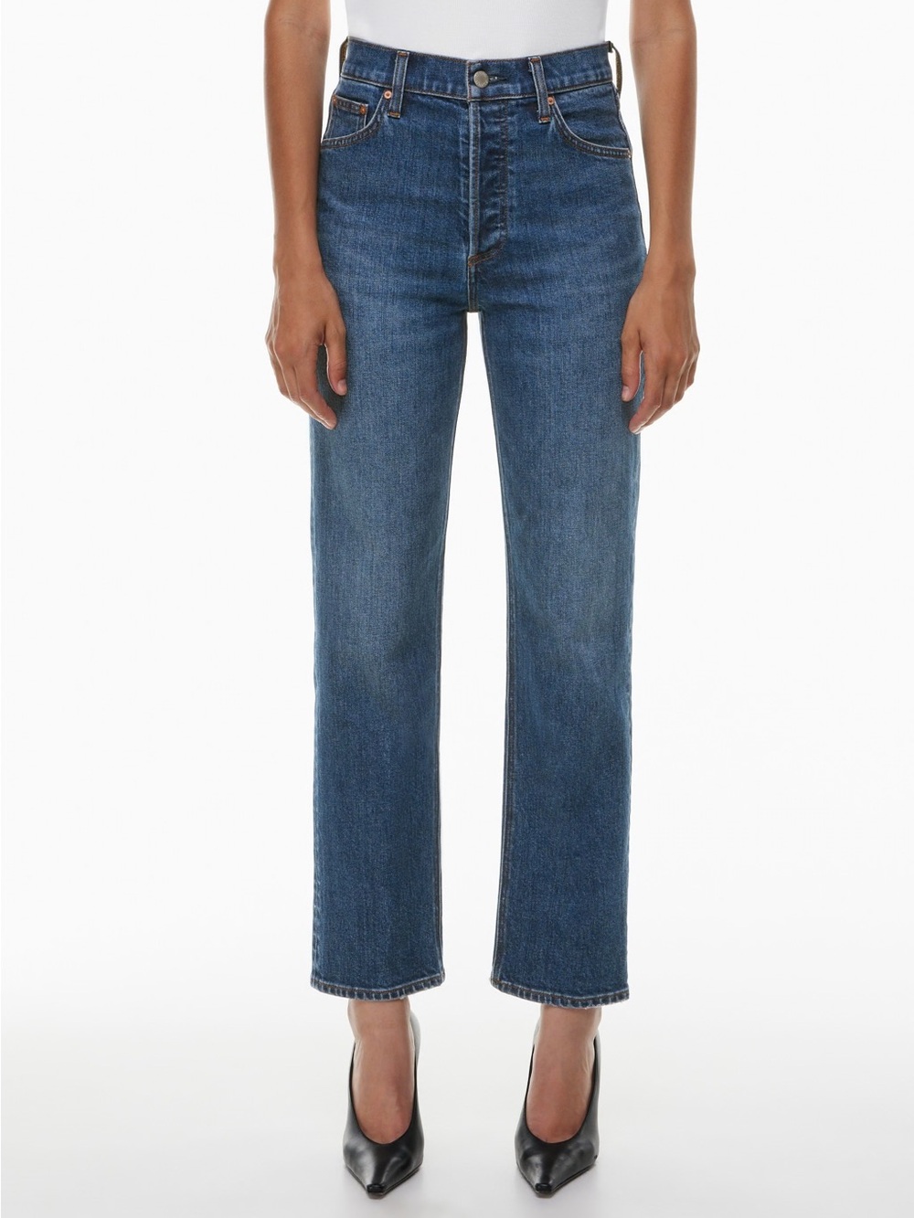 Denim Forum| High-Rise Straight Leg Stretch Blue Denim Button Fly Jeans Sz 27